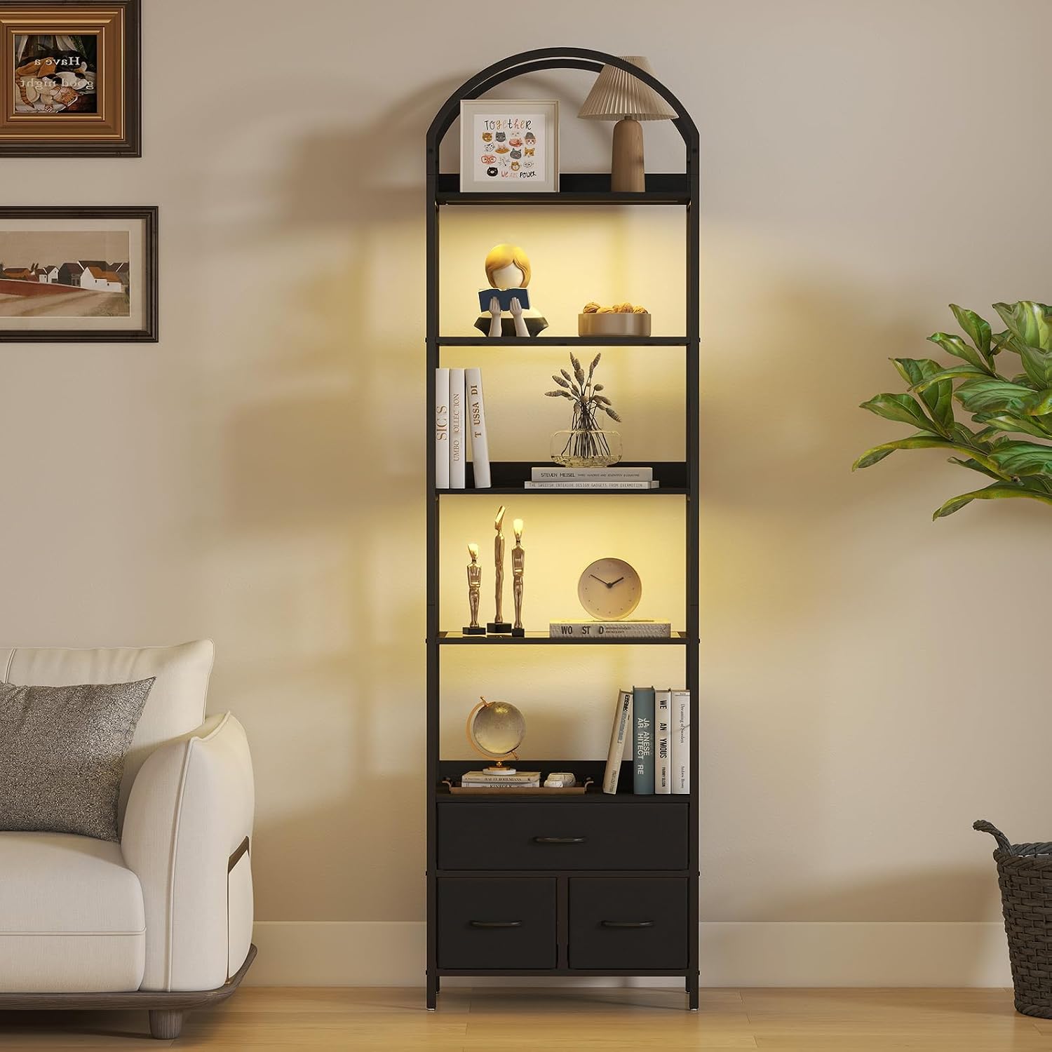 Turosur 83.4' Tall Narrow Bookshelf with 3 Drawers, Arched Bookcase with LED Lignts, 6-Tier Open Bookshelf with Metal Frame, Black