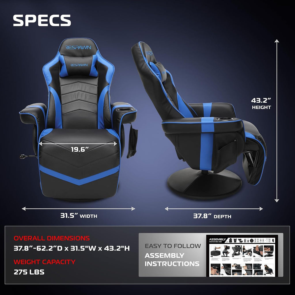 RESPAWN 900 Console Gaming Recliner with Footrest and Lumbar Support - Comfortable Ergonomic Gaming Chair with Headrest, No Wheels, Reclining, Heavy Duty, Racing Style Video Game Chairs - Blue