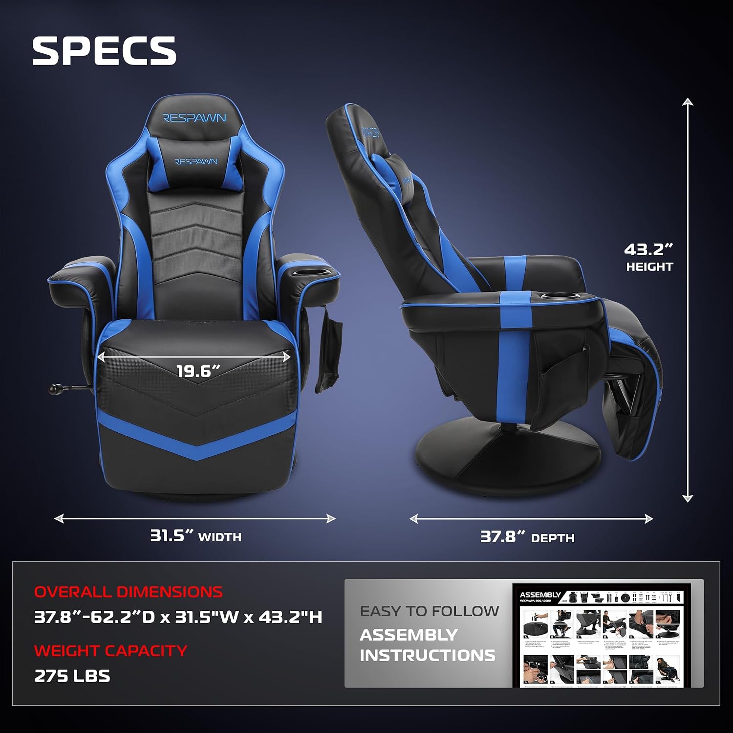 RESPAWN 900 Console Gaming Recliner with Footrest and Lumbar Support - Comfortable Ergonomic Gaming Chair with Headrest, No Wheels, Reclining, Heavy Duty, Racing Style Video Game Chairs - Blue