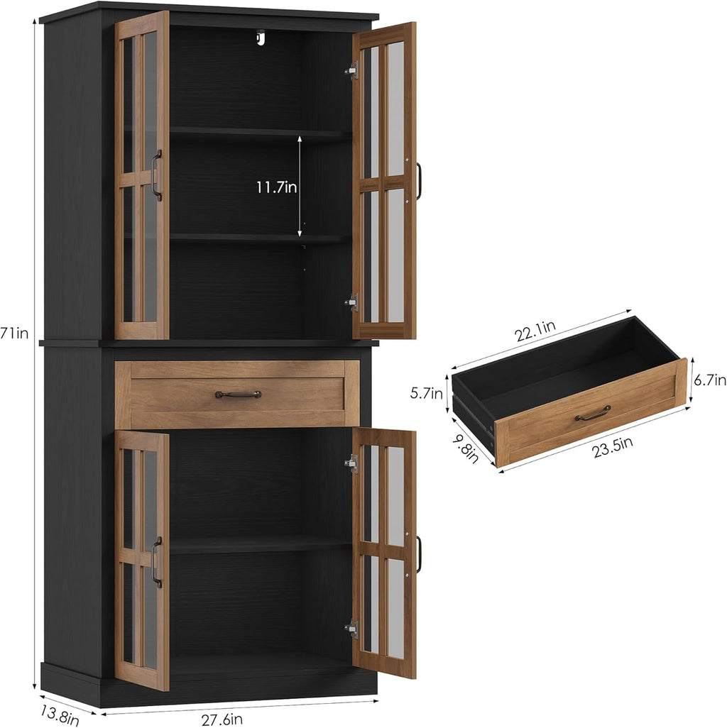 FOTOSOK 71'' Tall Kitchen Cabinet with Glass Doors and Drawer, Freestanding Food Pantry with Adjustable Shelves for Dining, Living Room, Natural