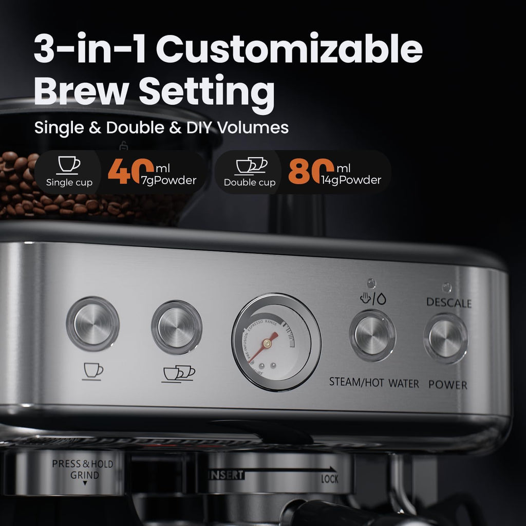 Espresso Machine Coffee Maker with Grinder - Professional 15Bar Cappuccino Latte Barista Machines with Milk Frother, Calibrated Tamping, 78OZ Removable Water Tank, Stainless Steel