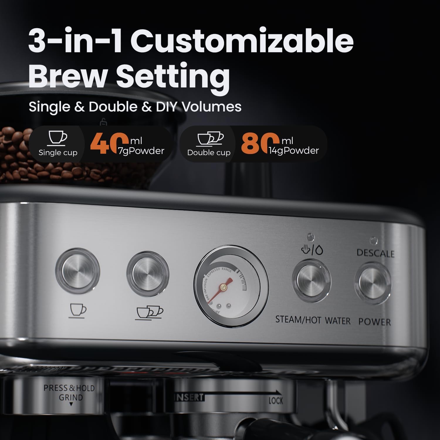 Espresso Machine Coffee Maker with Grinder - Professional 15Bar Cappuccino Latte Barista Machines with Milk Frother, Calibrated Tamping, 78OZ Removable Water Tank, Stainless Steel