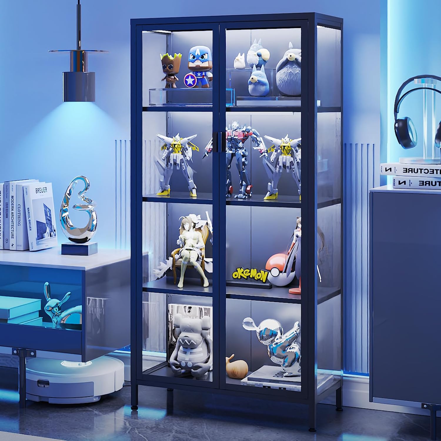 63' H Display Cabinet with Glass Doors,Display Case with LED Sensor Lights,Glass Display Cabinet with Adjustable Shelves and Feet,Display Cabinets for Living Room/Bedroom/Kitchen