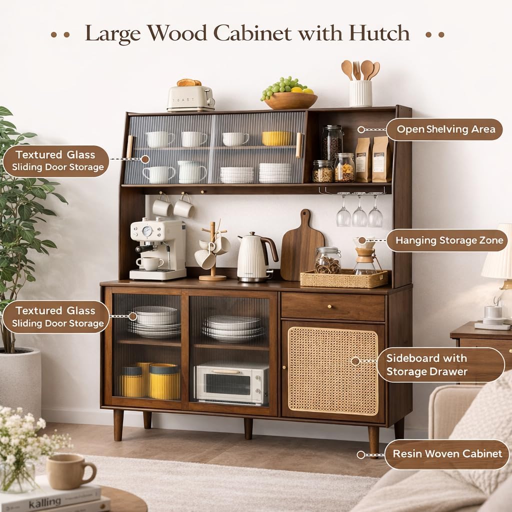 Welnown Kitchen Hutch Cabinet with Countertop, 69' Tall Pantry Storage Cabinet, Rattan Solid Wood Buffet Sideboard, Entryway Storage Table for Living Room, Dining Room, Walnut