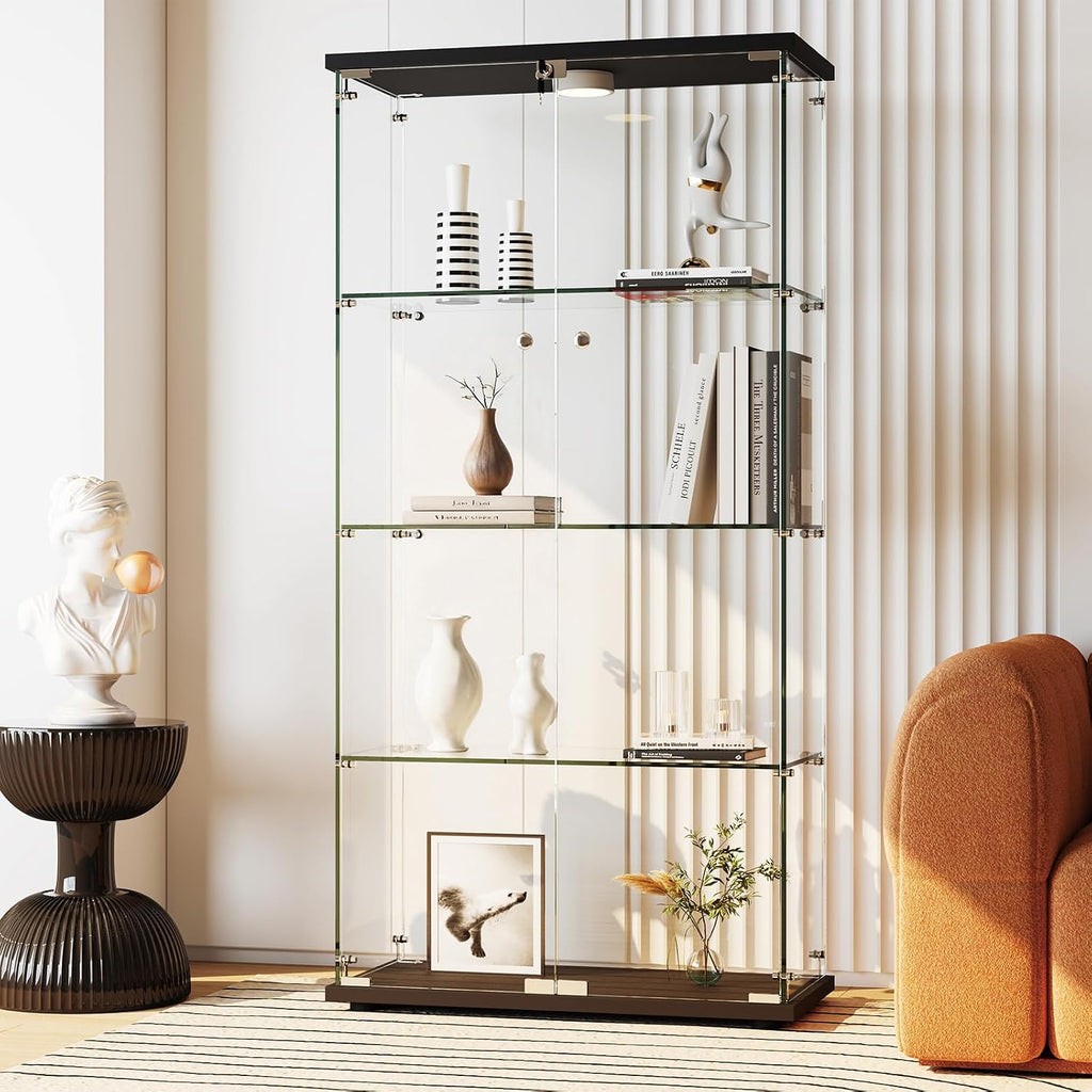 IDEALHOUSE Tempered Glass Display Cabinet with LED Light, 4 Shelves Lockable Curio Showcase, Double Doors Storage Cabinet for Living Room Bedroom Office, Black (64x31.7x14.3 in)