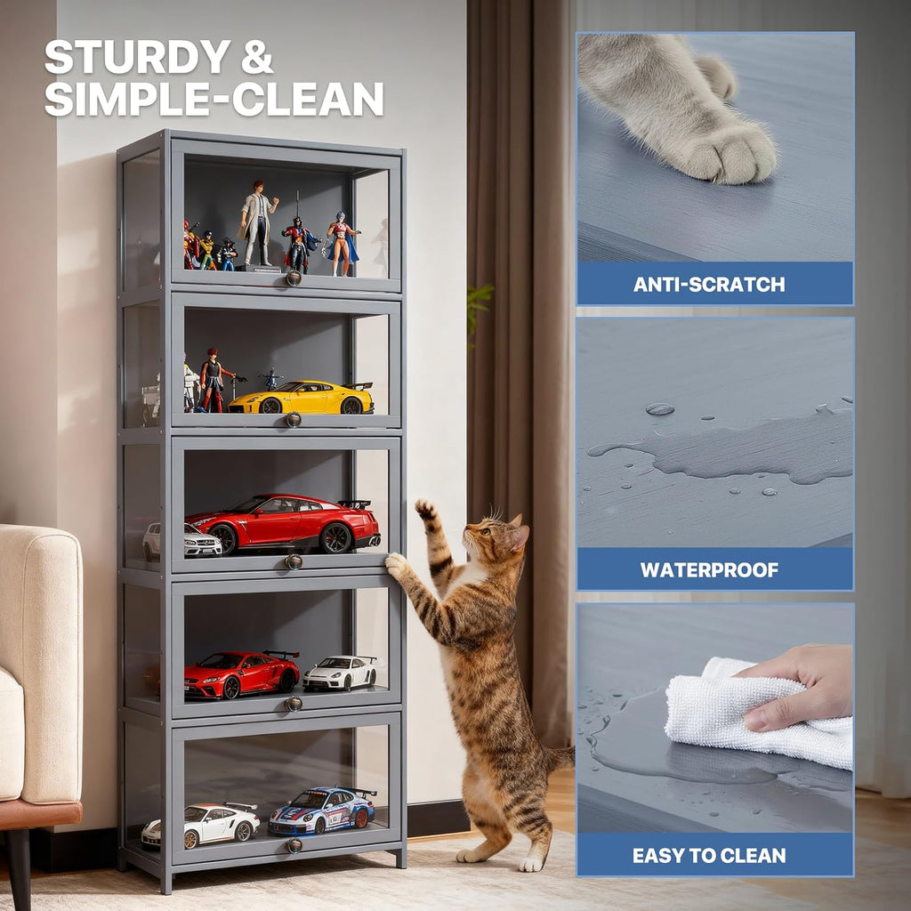 Magshion Display Cabinet, 5-Tier Curio Cabinet with Acrylic Doors, 67.5' Tall Curio Display Case, Showcase, Corner Shelf for Living Room, Bedroom, Playroom, Grey, 12.5' D x 23' W x 67.5' H