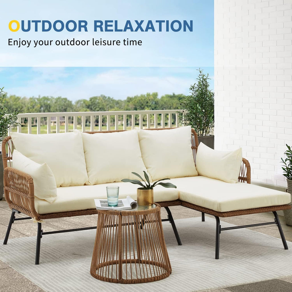 EROMMY 3 Piece Patio Furniture Set, L-Shaped Sectional Conversation Sofa Set with Thick Cushions and Toughened Glass Coffee Table for Backyard Balcony Garden Porch, White