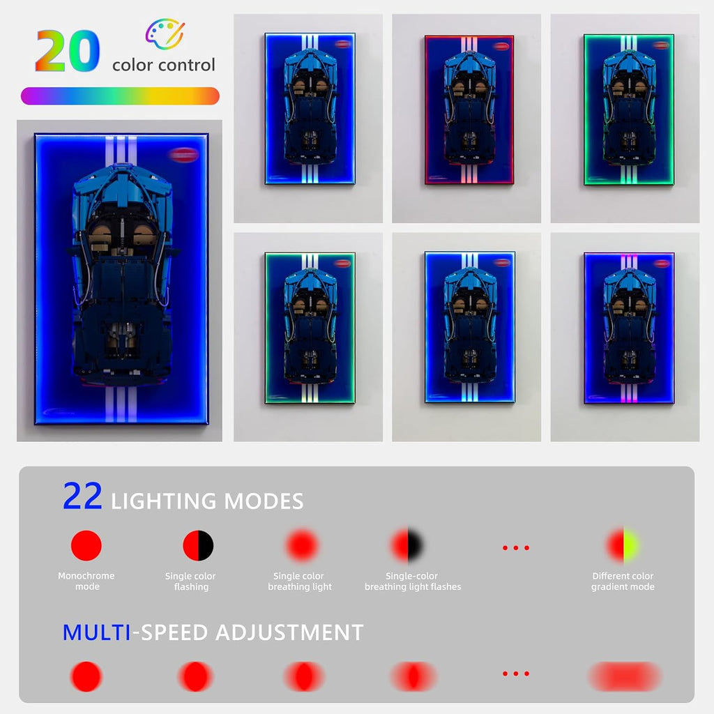 Display Wallboard with RGB LED Lights Compatible with Lego Technic Bugatti Chiron 42083 Race Car Building Kit and Engineering Toy - Adult Collectibles Wall Mount for Home or Office Décor