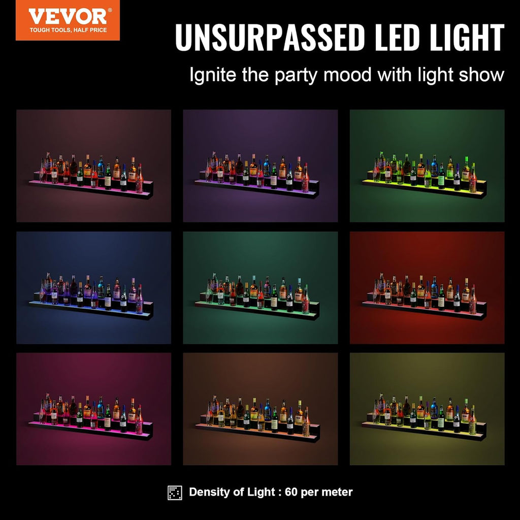 VEVOR LED Lighted Liquor Bottle Display, 2 Tiers 60 Inch Commercial Illuminated Home Bar Shelf, 2 Steps Whiskey Rack Stand, Acrylic Drink Shelves with RF Remote & App Control, and Multicolor Light