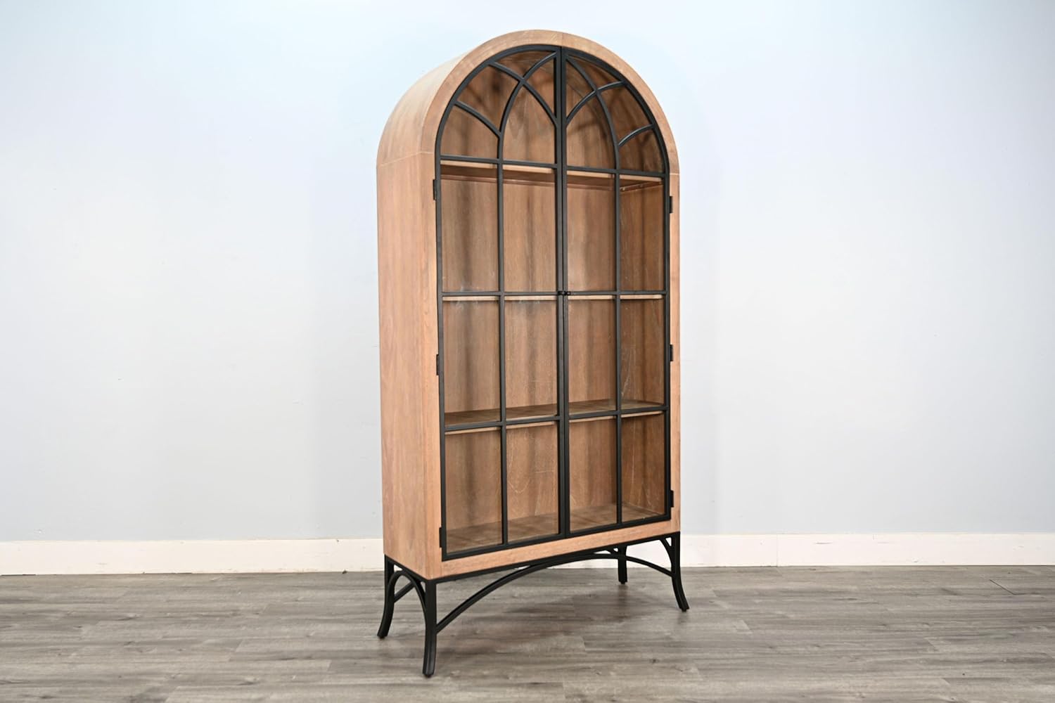 Sunny Designs Ella Arched Metal & Wood Display Cabinet with Glass Doors – Powder-Coated Steel Frame, Magnetic Latches, Adjustable Shelves, Windowpane Design, Living Room Storage (Oak Grove)