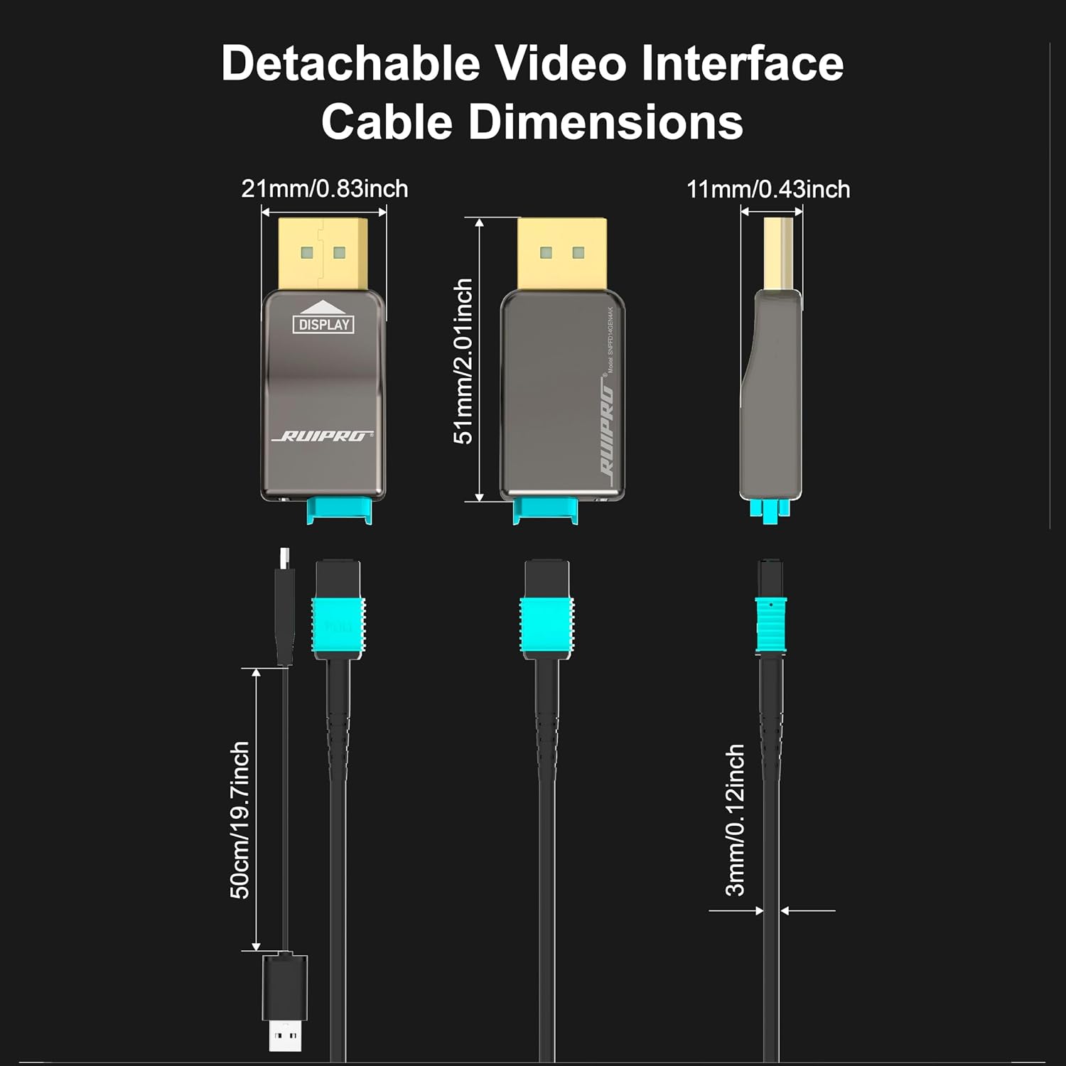RUIPRO 8K Detachable Full Fiber Optic Armored 8K60Hz Cable 1.4 33FT, 32.4 Gbps, Supports 4K@144Hz, HDR, HDCP 2.2&2.3, FreeSync & G-Sync, Compatible with RTX 4090/3090 Ti/RX 7900 XTX