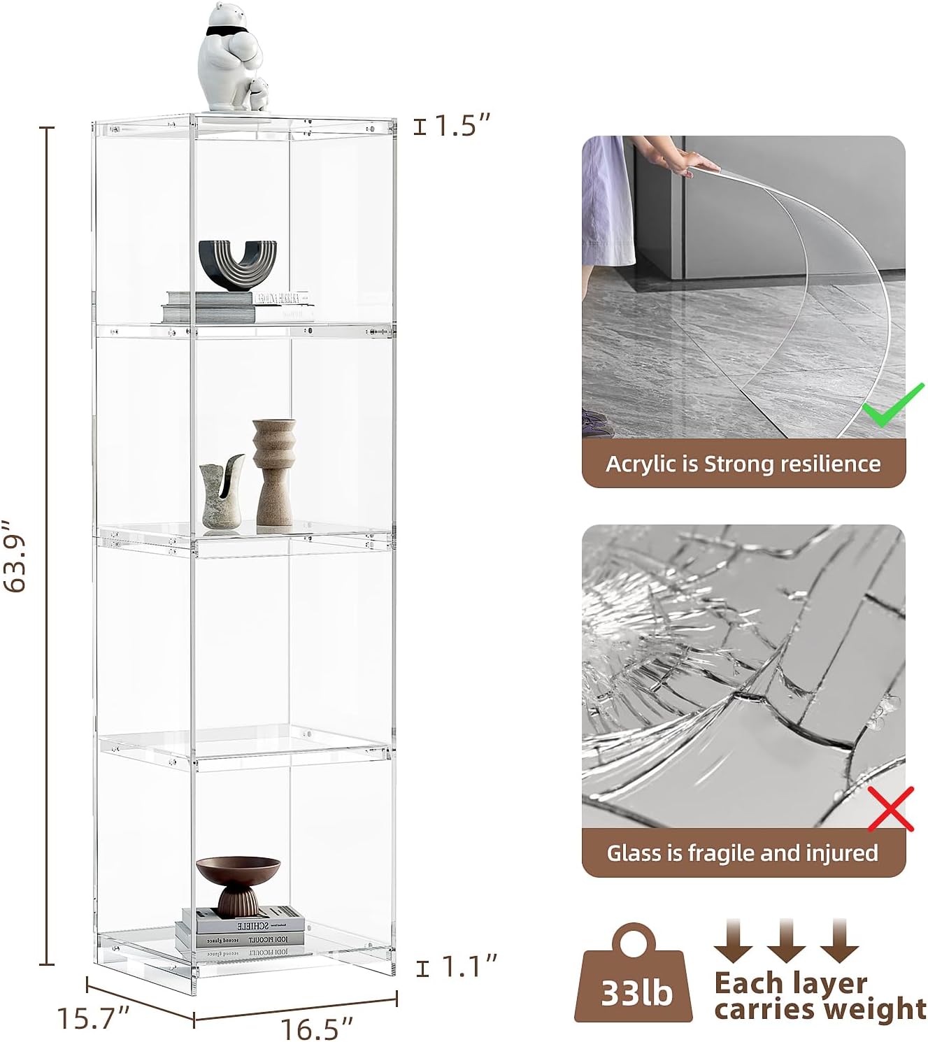 Acrylic Display Cabinet, 4-Tier Display Case in Bedroom, Living Room, Playroom, Modern Style (16' D x 16' W x 62' H)