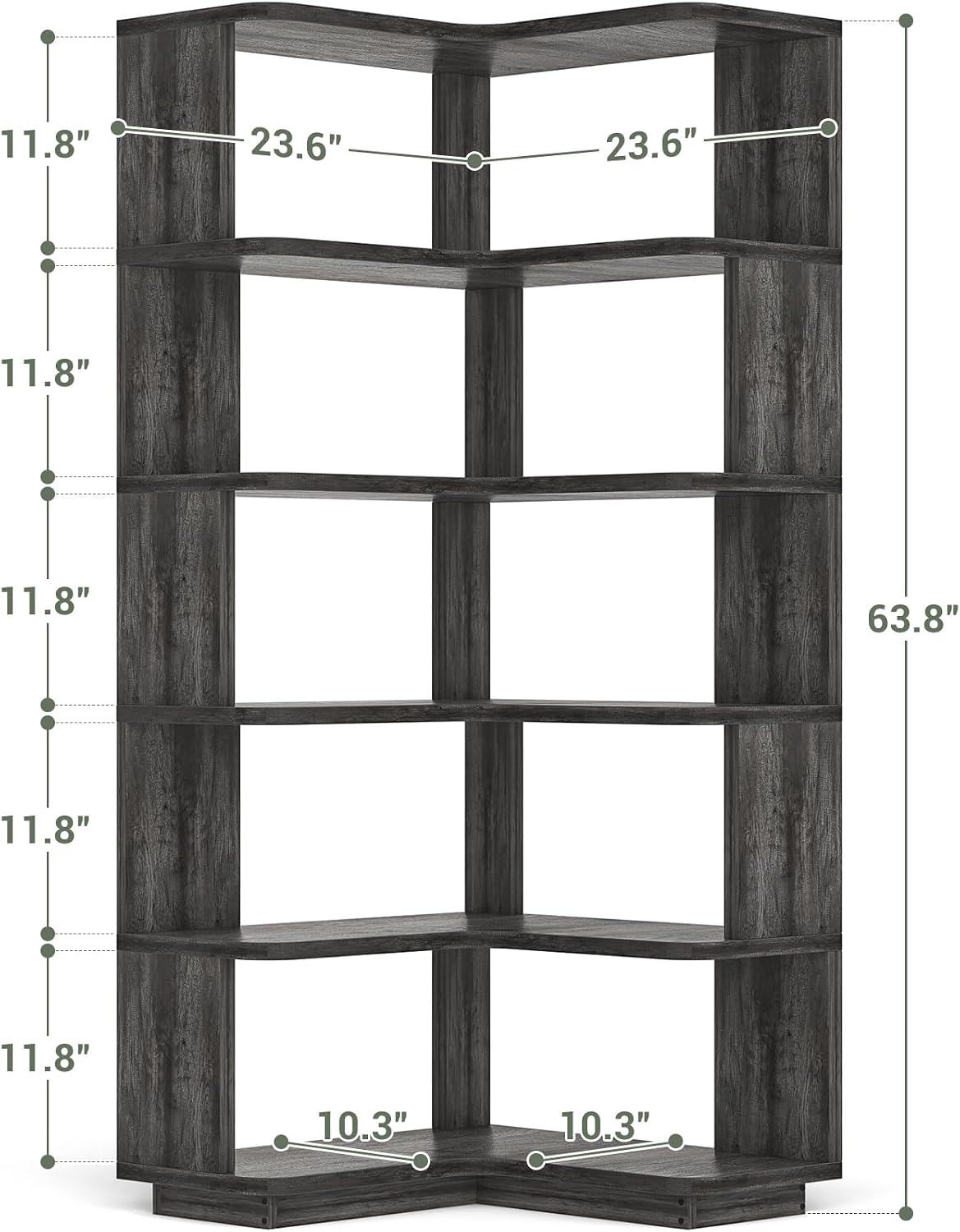 Armocity Corner Book Shelf - 6 Tier Corner Bookshelf Etagere Bookcase with Baffle, Freestanding L Shaped Display Shelf Stand for Home Office, Living Room, Bedroom, Kitchen, Grey Oak