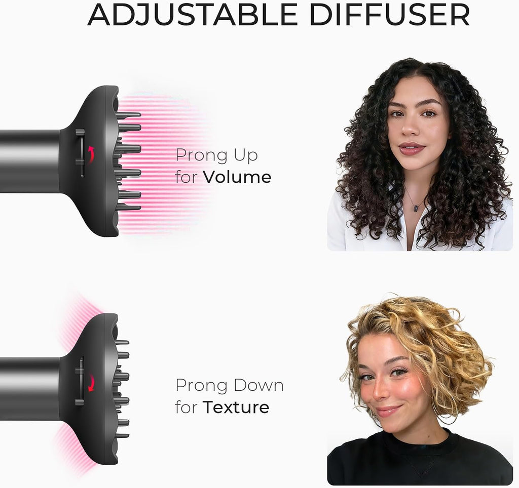 TYMO Hair Dryer with Diffuser for Women - 1500W Professional High Speed Blow Dryer with Comb, 110,000RPM Fast Dry, 200 Million Ionic Hairdryer, 4 Temps & 3 Speeds, 8 Ft Cord for Salon, Metal Gray