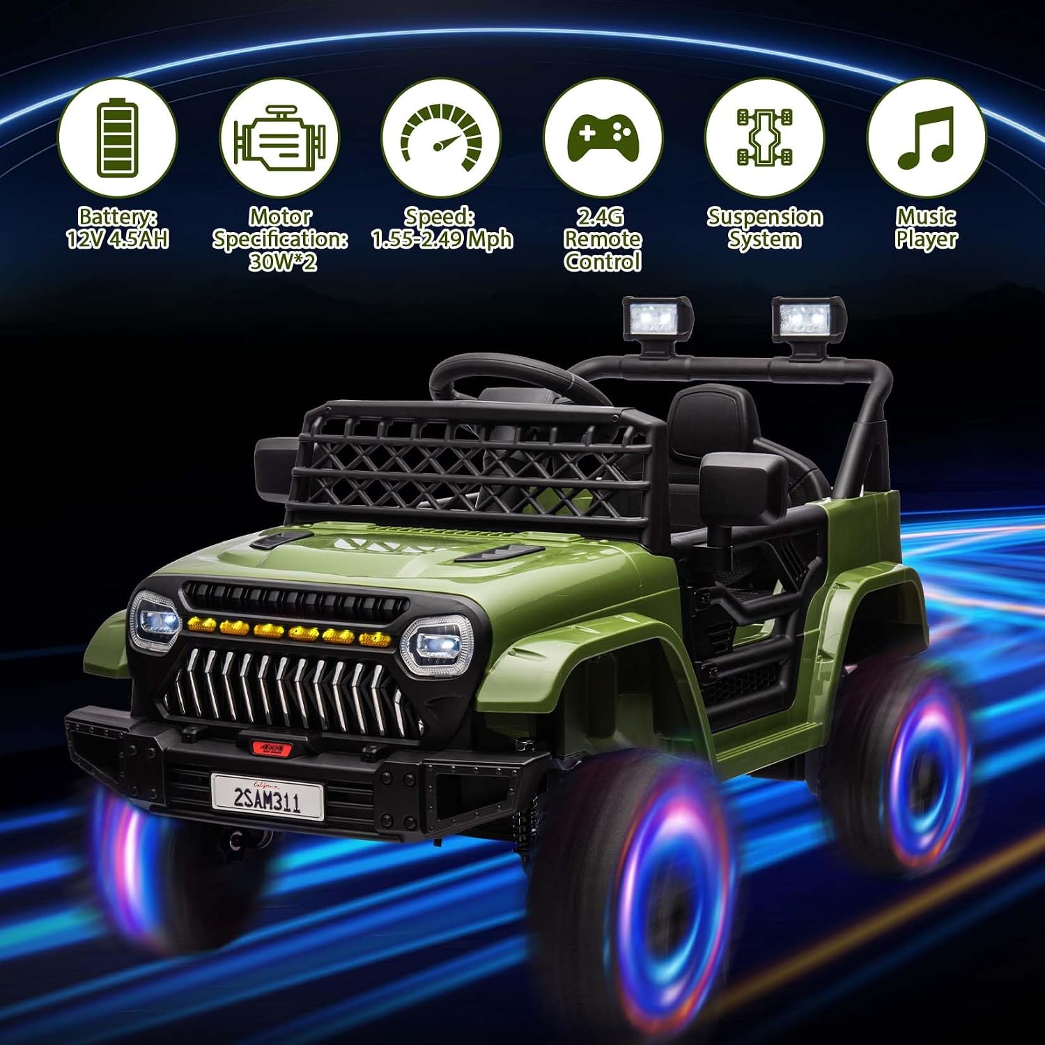 12V Ride On Car for Kids Electric Vehicle Toddlers Battery Powered Truck Car Toy with Remote Control, 4-Wheel Suspension, Battery Display, LED Lights, Music, for Boys Girls, Army Green