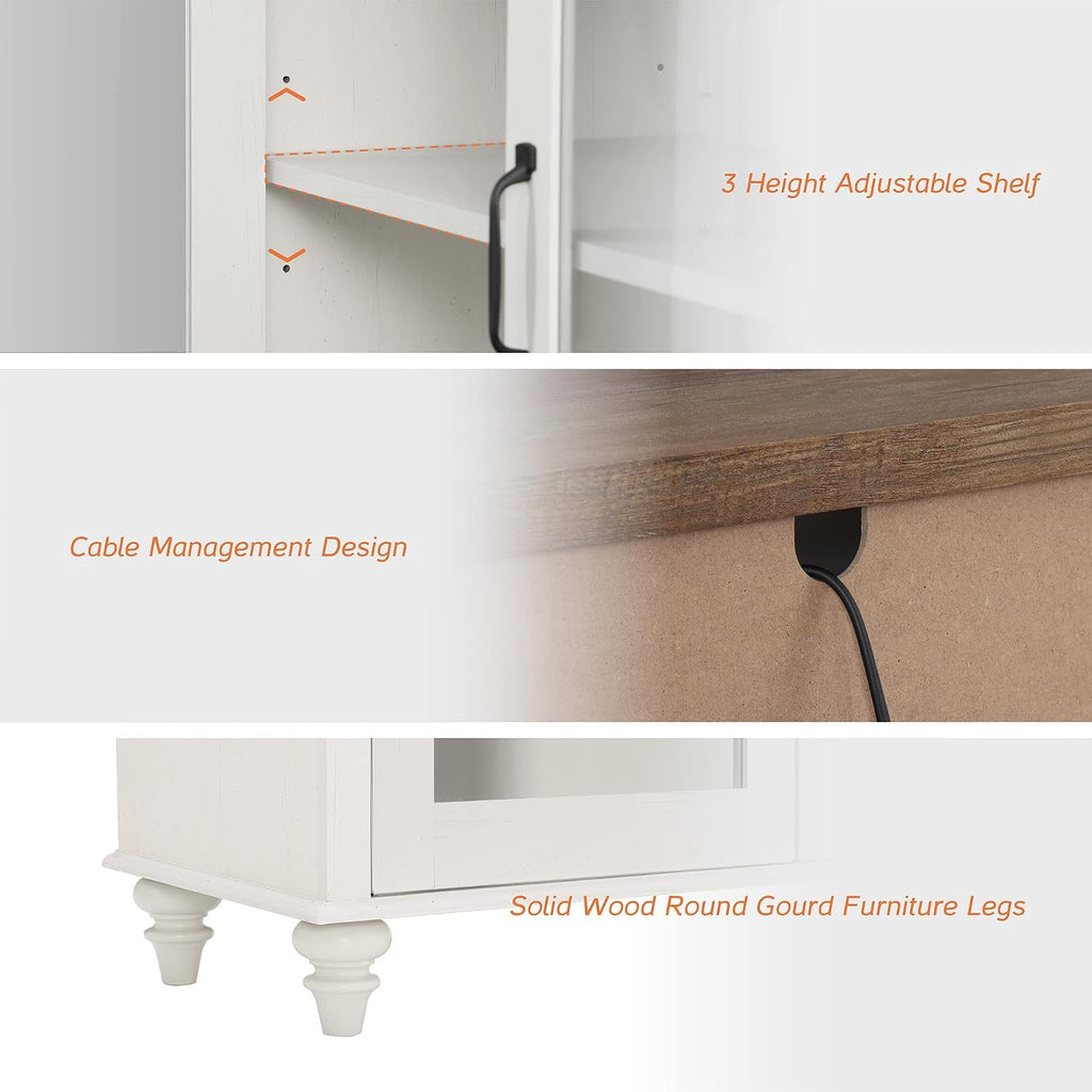 WAMPAT Sideboard Buffet Cabinets with Glass Door, Kitchen Storage Cabinets with Curved Edge, Wood Coffee Bar Tables with Vintage Gourd Leg, Accent Table for Dining Room, Living Room, Off White