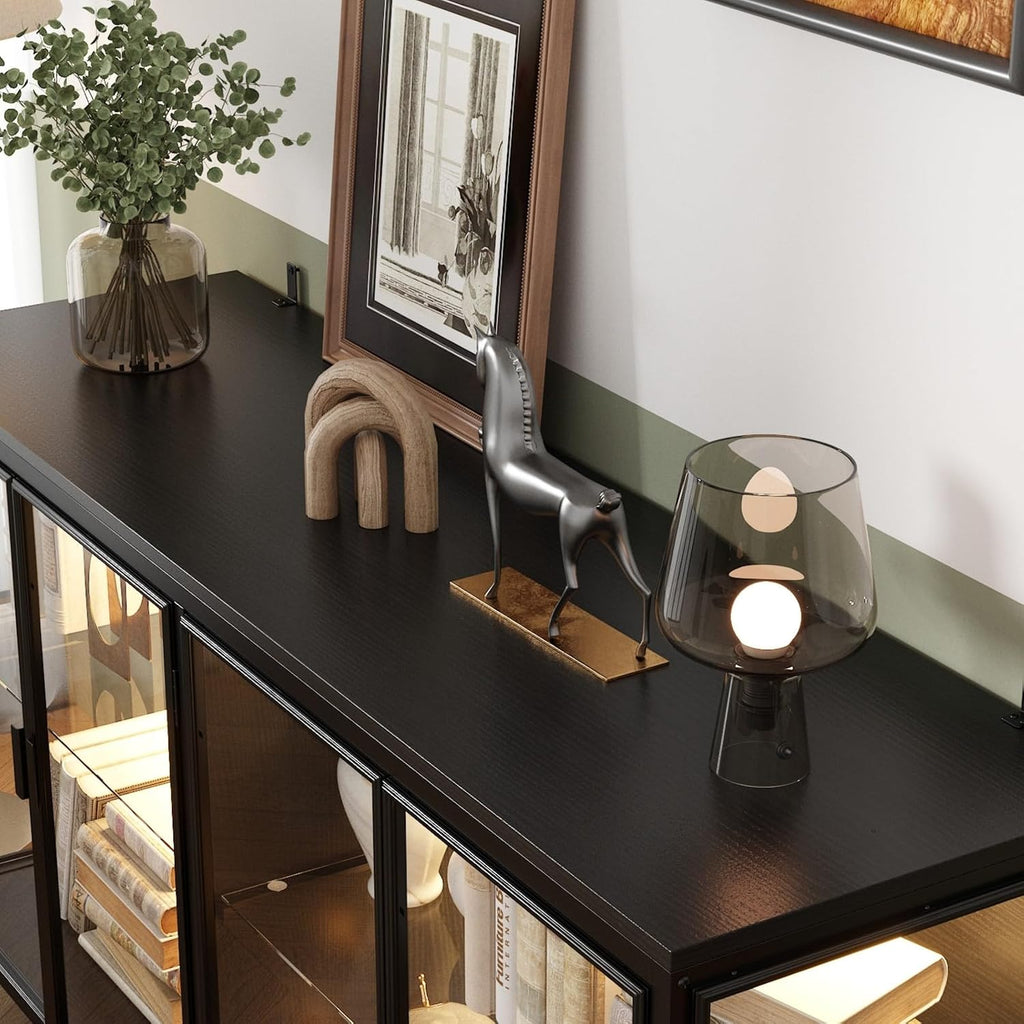 Display Cabinet with Glass Doors & LED Lights, Sideboard Buffet Cabinet with Glass Shelves & Metal Frame, for Living Room Black, 55.1'W x 15.7'D x 29.5'H