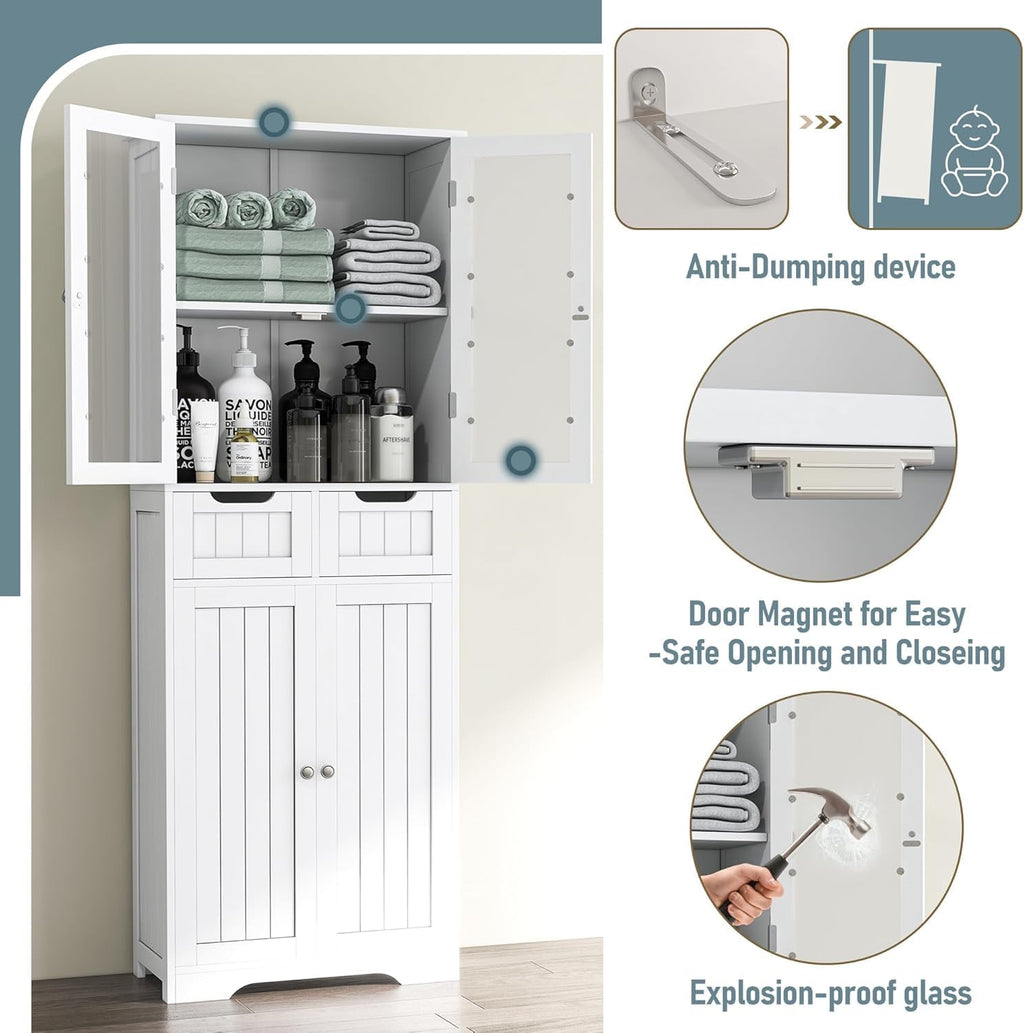 Betterhood 67' Tall Bathroom Storage Cabinet, Freestanding Linen Cabinet with Glass Doors and Shelves, Large Bathroom Pantry Cabinet with 2 Drawers for Living Room, Kitchen, Dining Room, Office, White