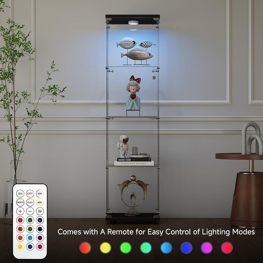 Zevemomo Tempered Glass Display Cabinet with Lights, 4-Tier Curio Cabinet with Glass Doors and Lock, Glass Display Case for Collectibles, for Living Room, Bedroom, Office, Black, Single Door