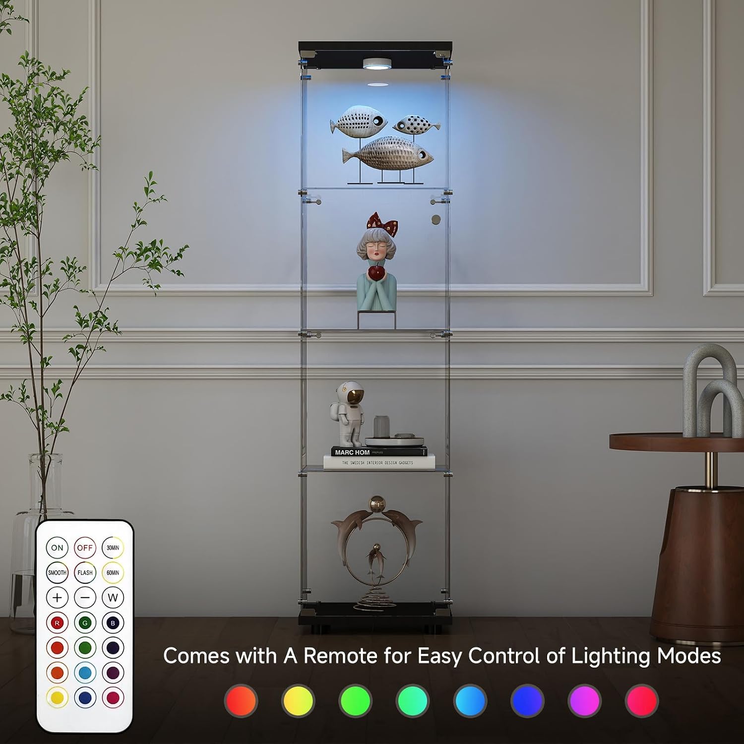 Zevemomo Tempered Glass Display Cabinet with Lights, 4-Tier Curio Cabinet with Glass Doors and Lock, Glass Display Case for Collectibles, for Living Room, Bedroom, Office, Black, Single Door