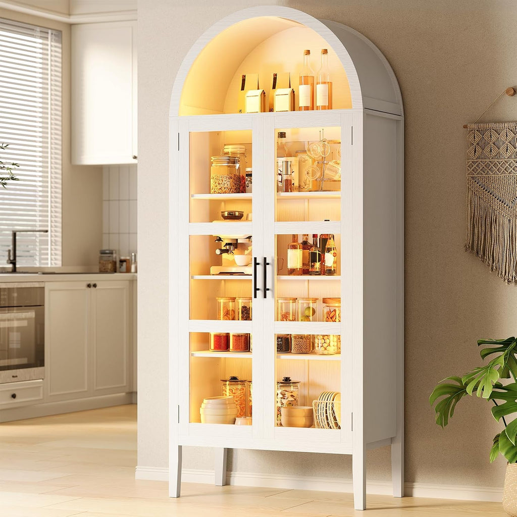 GarveeHome 70 in Tall Arched Kitchen Pantry Cabinet with LED Lights, Modern Wood Arched Bookshelf with Glass Doors & Adjustable Shelves, Elegant Display Cabinet for Kitchen, Dining Room, Living Room