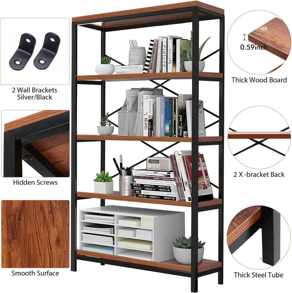Himimi Industrial Bookshelf 5-Tier, Bookcase 58' H Ladder Shelf, Storage Shelves Rack Shelf Unit, Accent Furniture Metal Frame, Home Office Furniture for Bathroom, Living Room, Vintage Brown