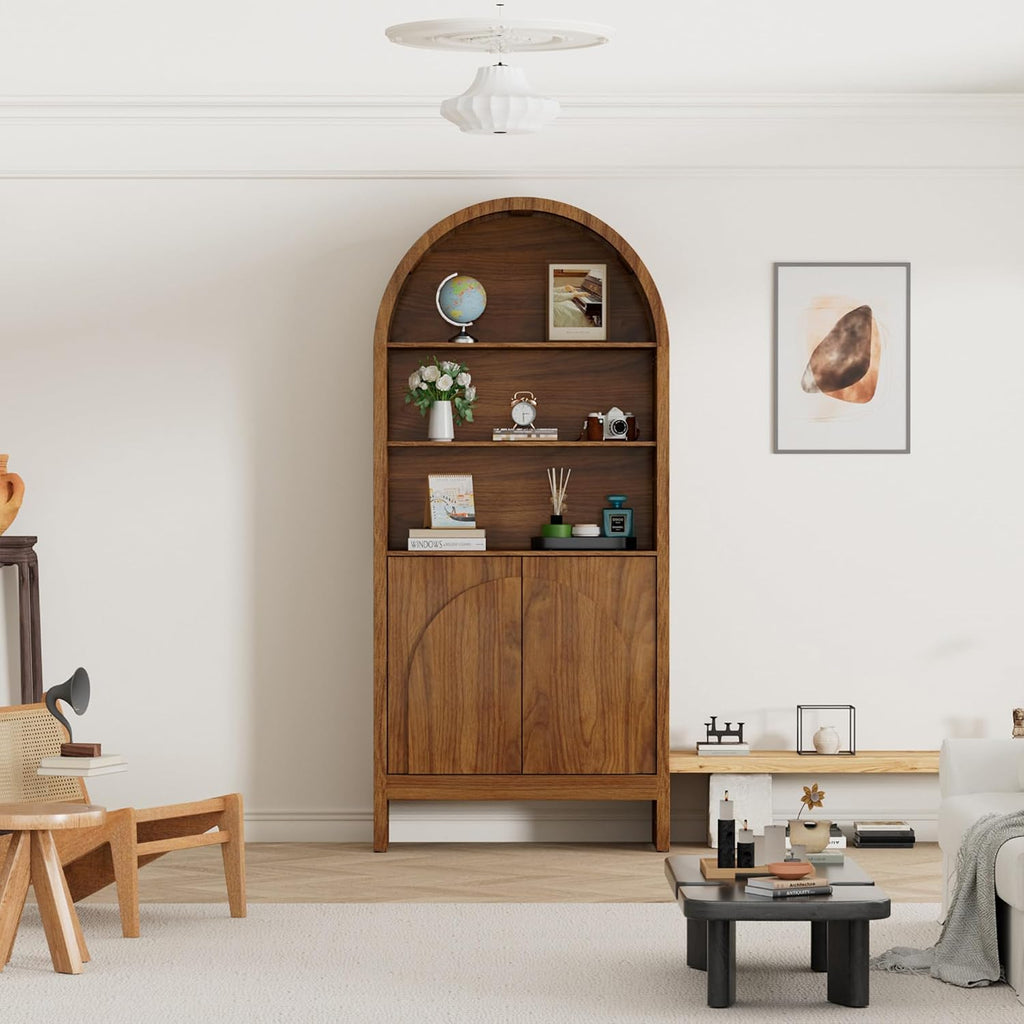 Mid Century Arched Display Cabinet with Doors, 5 Tier Tall Display Case, 71 Inch Storage Cabinet, Large Arch Bookcase, Wooden 5 Shelf Book Shelf, Office, Brown, Walnut