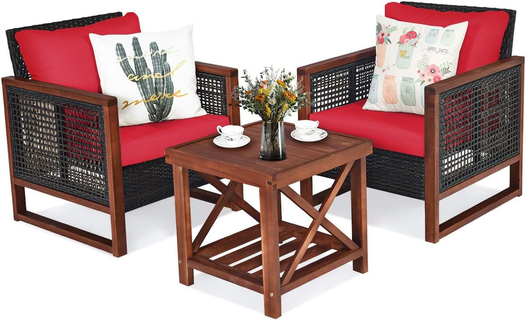 Tangkula 3 Pieces Patio Wicker Furniture Set, Rattan Outdoor Sofa Set w/Washable Cushion & Acacia Wood Coffee Table, Conversation Bistro Set for Garden Balcony Backyard (Red)