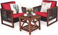 Tangkula 3 Pieces Patio Wicker Furniture Set, Rattan Outdoor Sofa Set w/Washable Cushion & Acacia Wood Coffee Table, Conversation Bistro Set for Garden Balcony Backyard (Red)