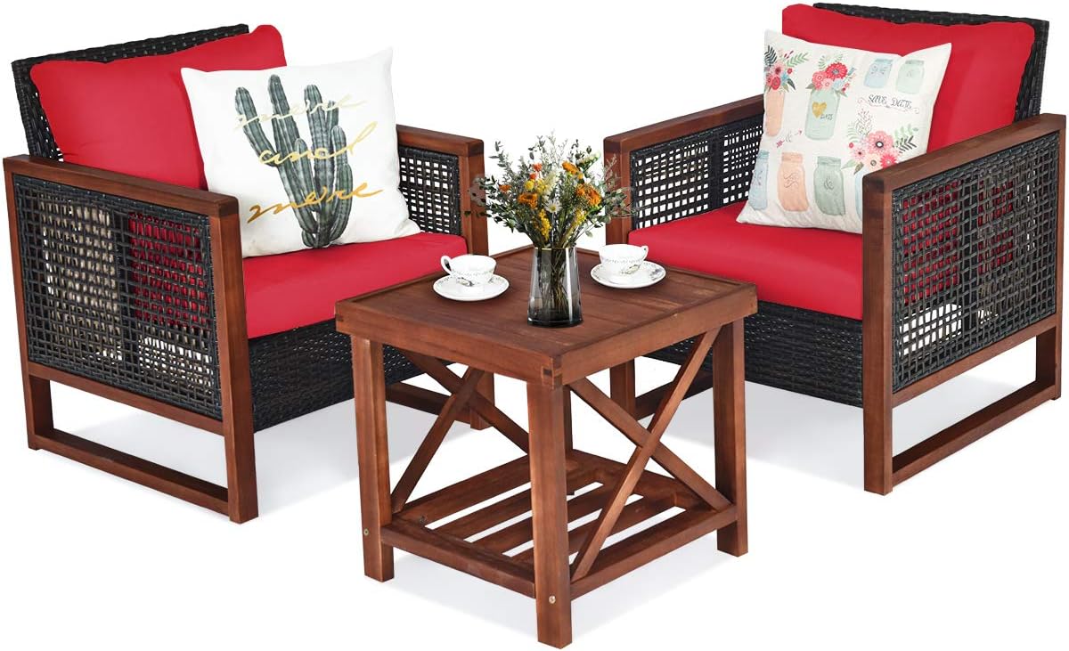 Tangkula 3 Pieces Patio Wicker Furniture Set, Rattan Outdoor Sofa Set w/Washable Cushion & Acacia Wood Coffee Table, Conversation Bistro Set for Garden Balcony Backyard (Red)