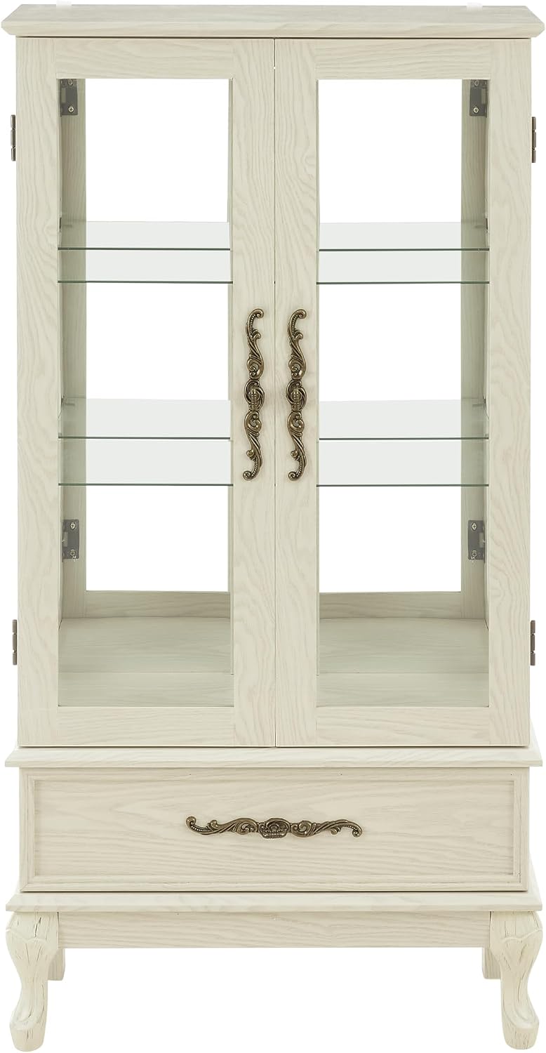 51'H Lighted Curio Display Cabinet with 2 Doors & 1 Drawer, Wooden Glass Curio Showcase w/ Adjustable Shelves & Mirrored Back Panel, Storage Cabinet Display Case for Living Room(Antique White)