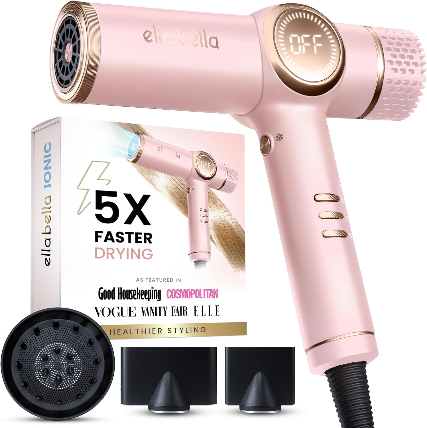 ELLA BELLA® Professional Ionic Hair Dryer with Diffuser • Negative Ion Blow Dryer • Suitable All Hair Types • Intelligent Heat Control & Rapid Drying Speeds • Lightweight Design • Low Noise Technology