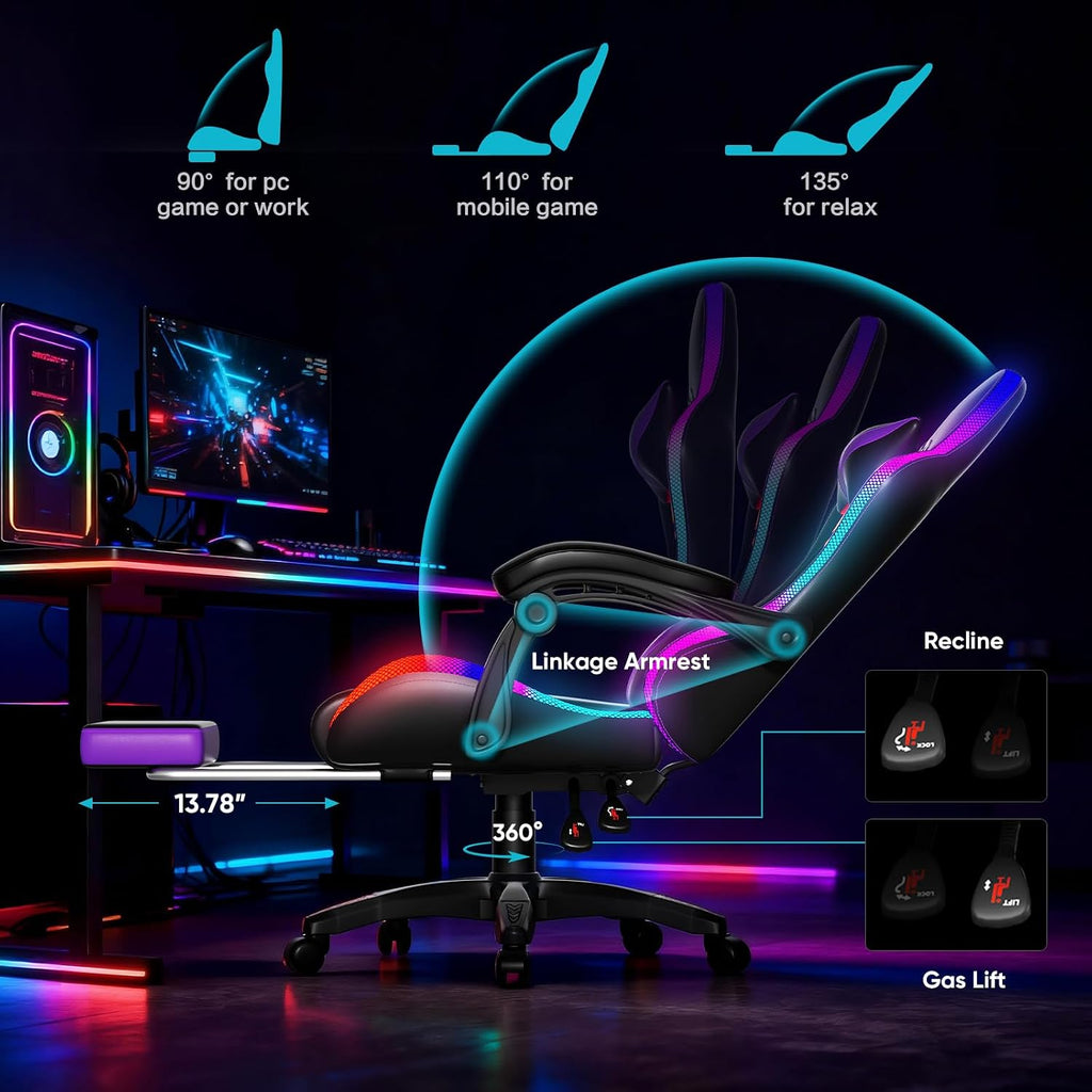 Czlolo RGB LED Lights Gaming Chair with Footrest for Adults and Kids, Lumbar Support Massager Video Game Chair, High Back Reclining Gamer Chair with Headrest, Swivel Office Computer Desk Chair(Purple)