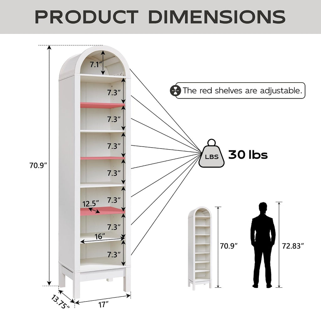 IFGET 71' Tall Arched Bookshelf, 8 Tiers Arch Bookcase with Storage, Modern Farmhouse Book Shelf with Adjustable Shelves, Wood Bookshelf w/Open Display Shelves for Living Room, Office (Antique White)
