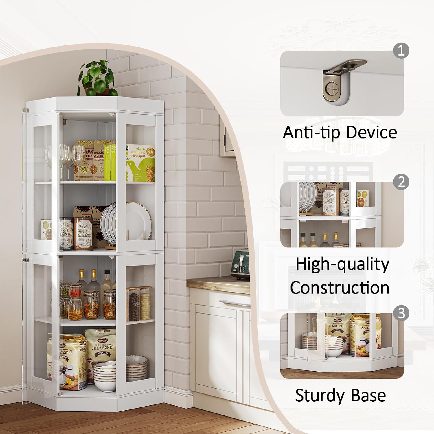 70''H Tall Corner Cabinet with Glass Doors,Farmhouse Storage Cabinet with 4 Shelves & Top Guard Rail,Home Pantry Hutch for Bar,Kitchen, Dining Living Room, Bathroom, White