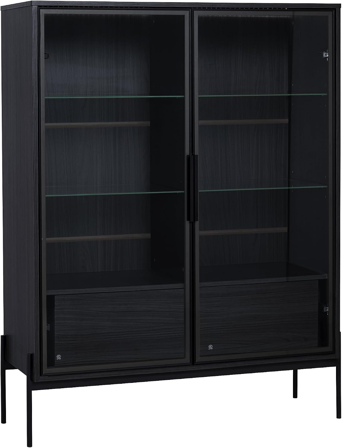 51' Modern Aluminum-Frame Showcase Cabinet, Lego Display Case with Glass Doors, Lego Display Shelves with LED 4-Tier for Home Office Living Room, Black