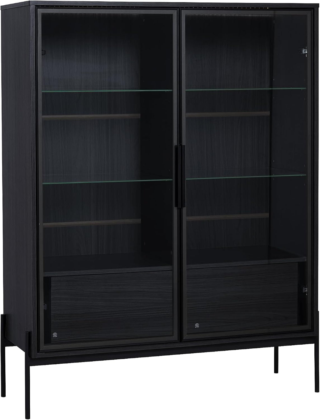 51' Minimalist Aluminum-Frame Showcase Cabinet, Lego Display Case with LED Lighting, Lego Display Shelves with Adjustable Glass Shelves & Drawers for Home Office Living Room, Black