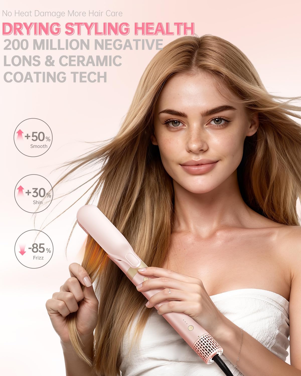 Hair Dryer Brush 8-in-1 Dual Voltage Hot Air Styler – Fast-Drying 110,000 RPM Ionic Blow Dryer with Straightener & Curler Attachments, Frizz-Free Volumizing Styler with Protective Hard Case-Pink