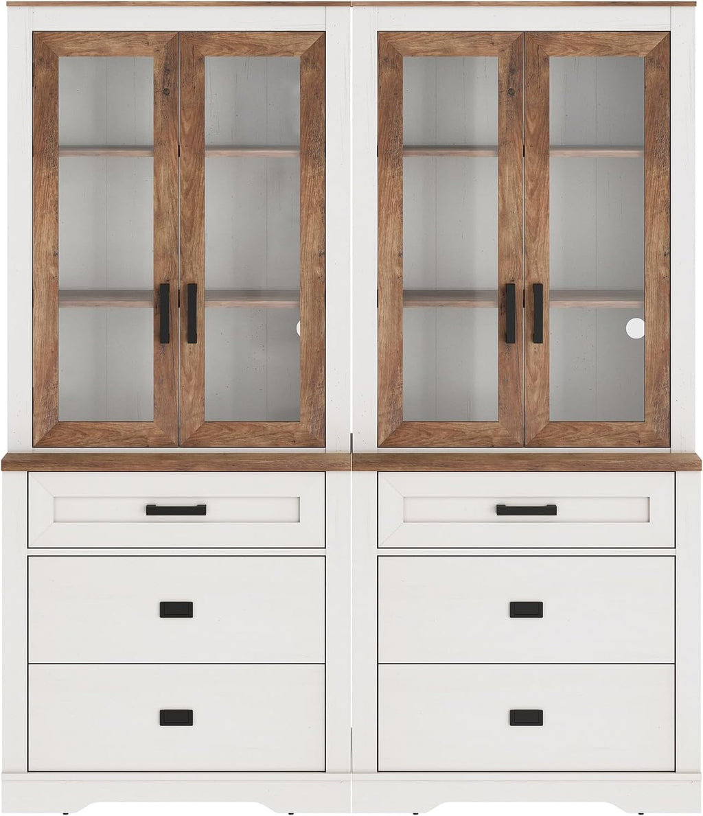 WAMPAT 2 Column 73.3' Tall Bookcase with Glass Door, 63' Wide Rustic Wood Bookshelves with Chest of Drawers, Modern Farmhouse Display Storage Cabinet with Adjustable Shelves for Home,Office,White&Oak
