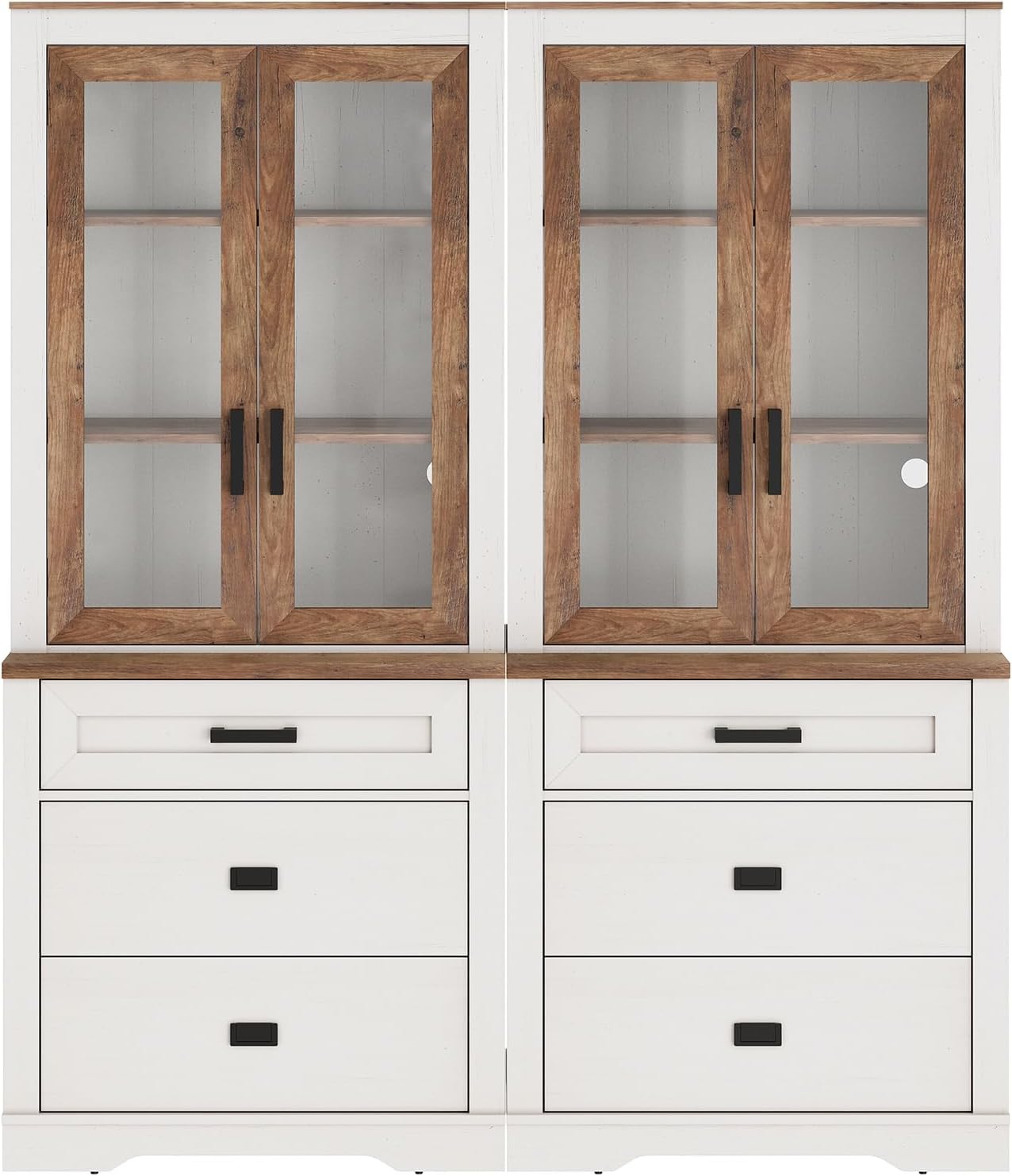 WAMPAT 2 Column 73.3' Tall Bookcase with Glass Door, 63' Wide Rustic Wood Bookshelves with Chest of Drawers, Modern Farmhouse Display Storage Cabinet with Adjustable Shelves for Home,Office,White&Oak
