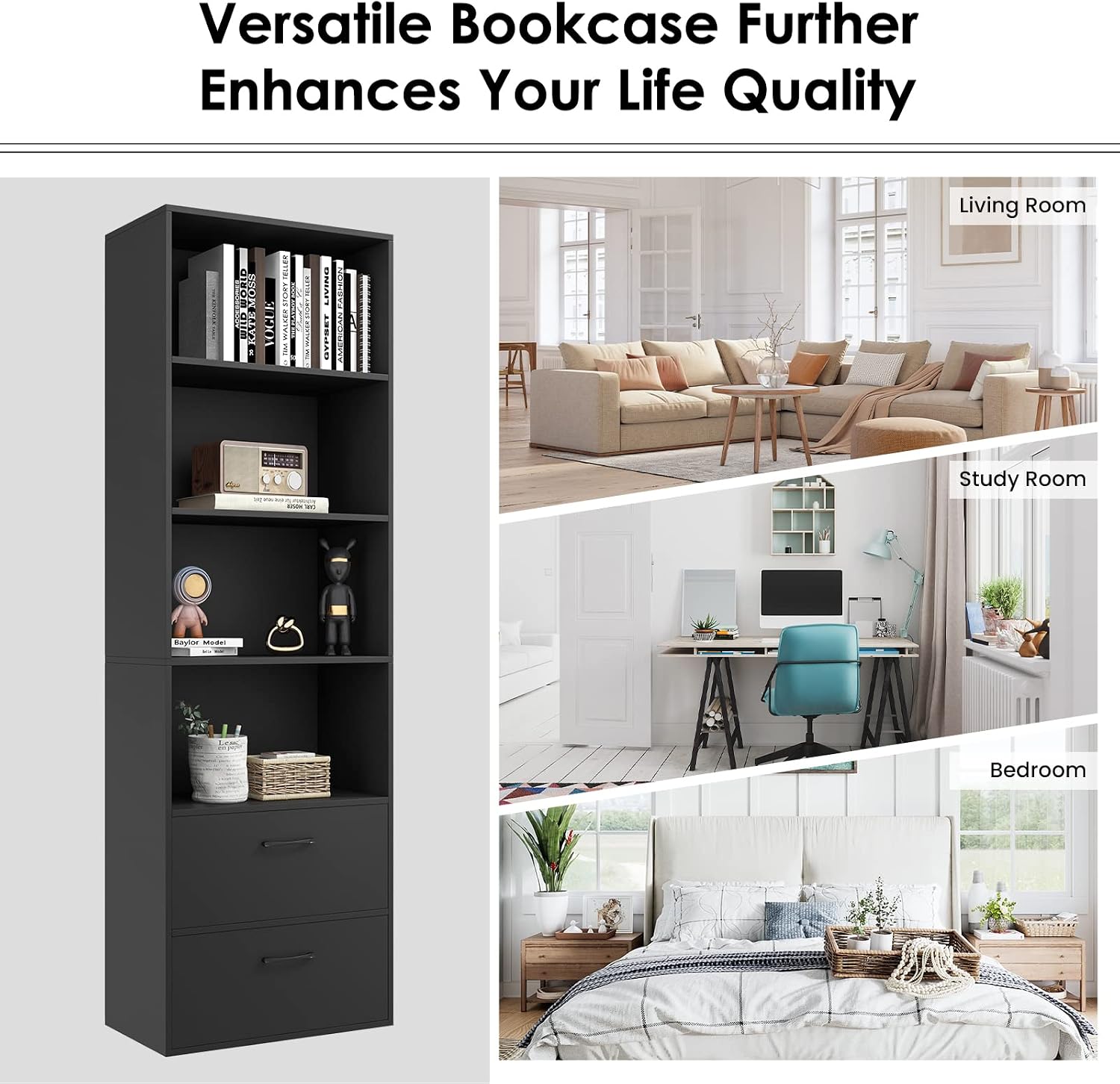 Tangkula 4 Shelf Bookcase with 2 Drawers, 74 Inch 4 Tiers Tall Open Bookshelf with 2 Slide-Out Drawers, Anti-toppling Device, Freestanding Wood Storage Shelf for Home Office (Black, 74' H)