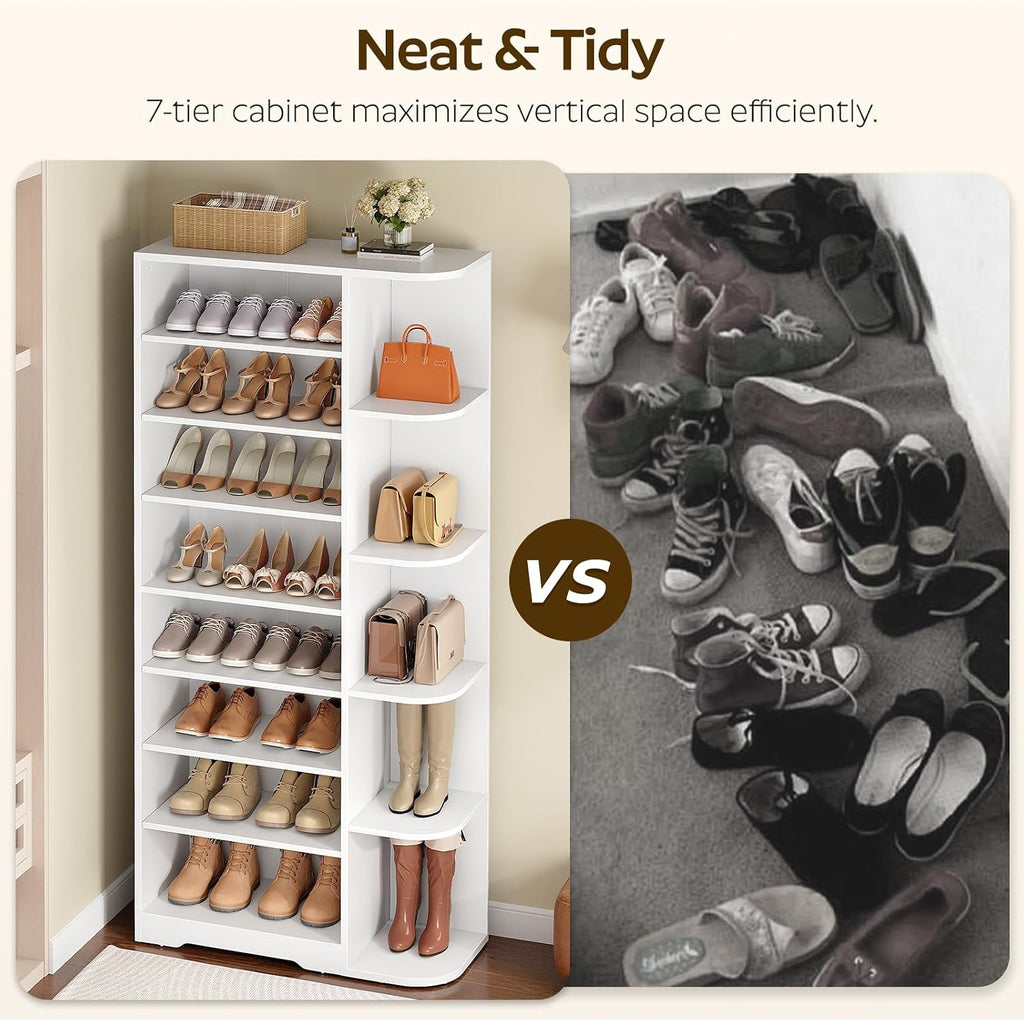 YATINEY Tall Shoe Rack, Multifunctional Shoe Cabinet with Open Storage, Entryway Shoe Organizer for Closet, 9-Tier Wooden Shoe Storage Closet with Adjustable Shelves, White SC22WT