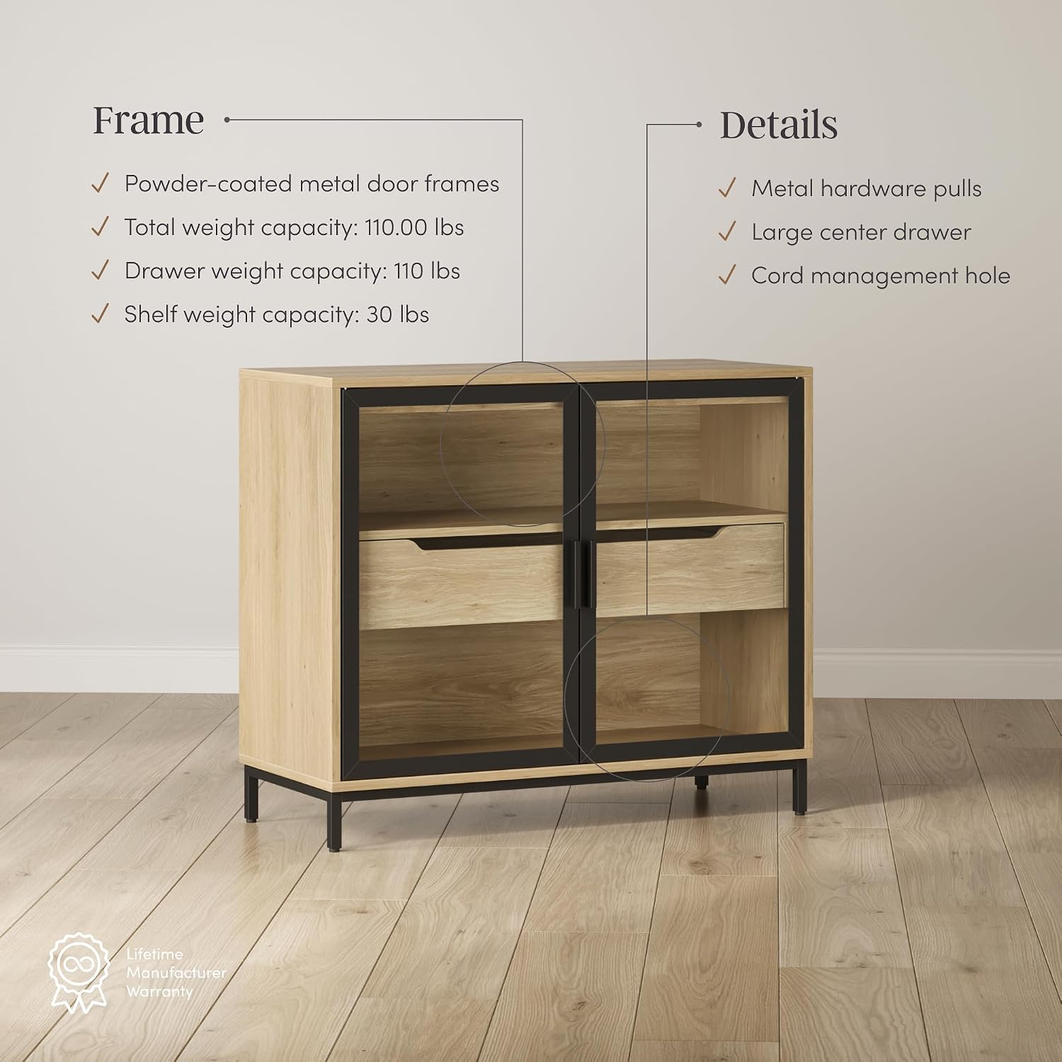 Nathan James Mackenna Metal and Glass Sideboard Accent Cabinet with Two Doors, Oak Credenza for Kitchen or Living Room
