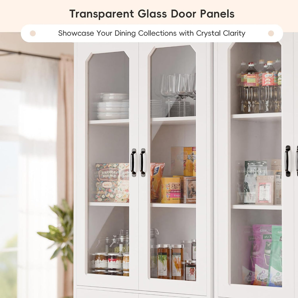 MU 78.7' Tall Kitchen Pantry with 2 Glass Doors, Freestanding China Cabinet with Adjustable Shelves, Large Kitchen Pantry Storage Cabinet Cupboard for Dining Room, Living Room, White (Large, 31.5' W)