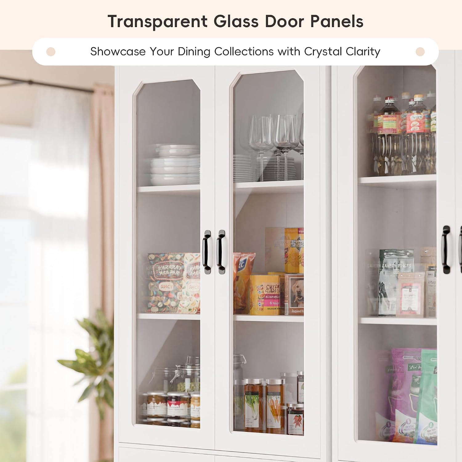 MU 78.7' Tall Kitchen Pantry with 2 Glass Doors, Freestanding China Cabinet with Adjustable Shelves, Large Kitchen Pantry Storage Cabinet Cupboard for Dining Room, Living Room, White (Large, 31.5' W)