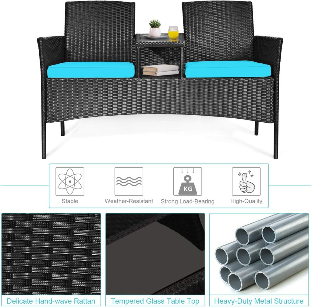 Tangkula Wicker Patio Conversation Furniture Set, Outdoor Furniture Set with Removable Cushions & Table, Tempered Glass Top, Modern Rattan Bench for Garden Lawn Backyard