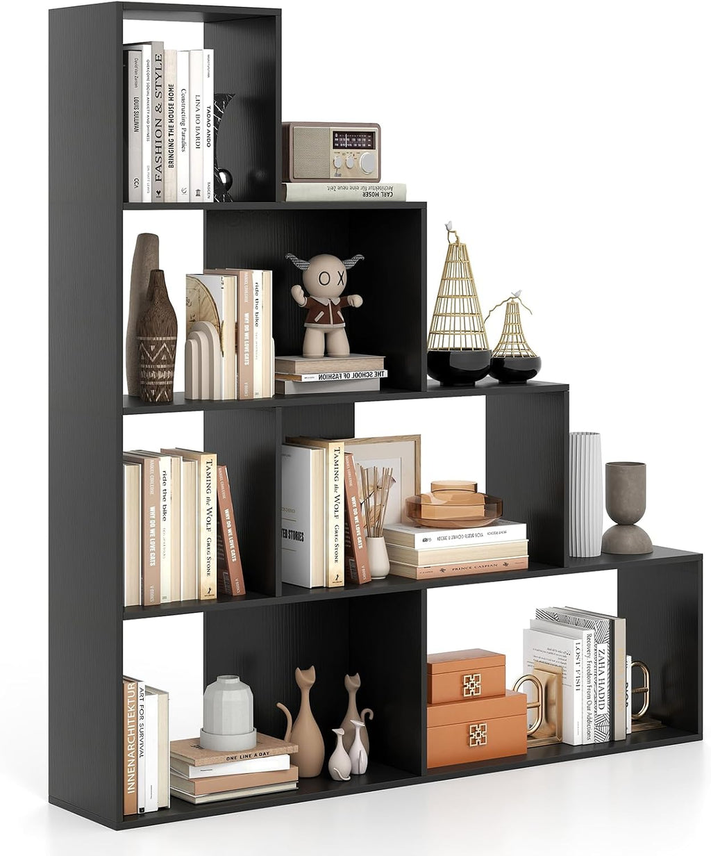 Tangkula 4-Tier Stepped Bookshelf, Freestanding 6 Cubes Ladder Bookcase with Anti-Tipping Kits, 64' Tall Modern Wooden Storage Display Rack for Home Office Living Room Study (1, Black)