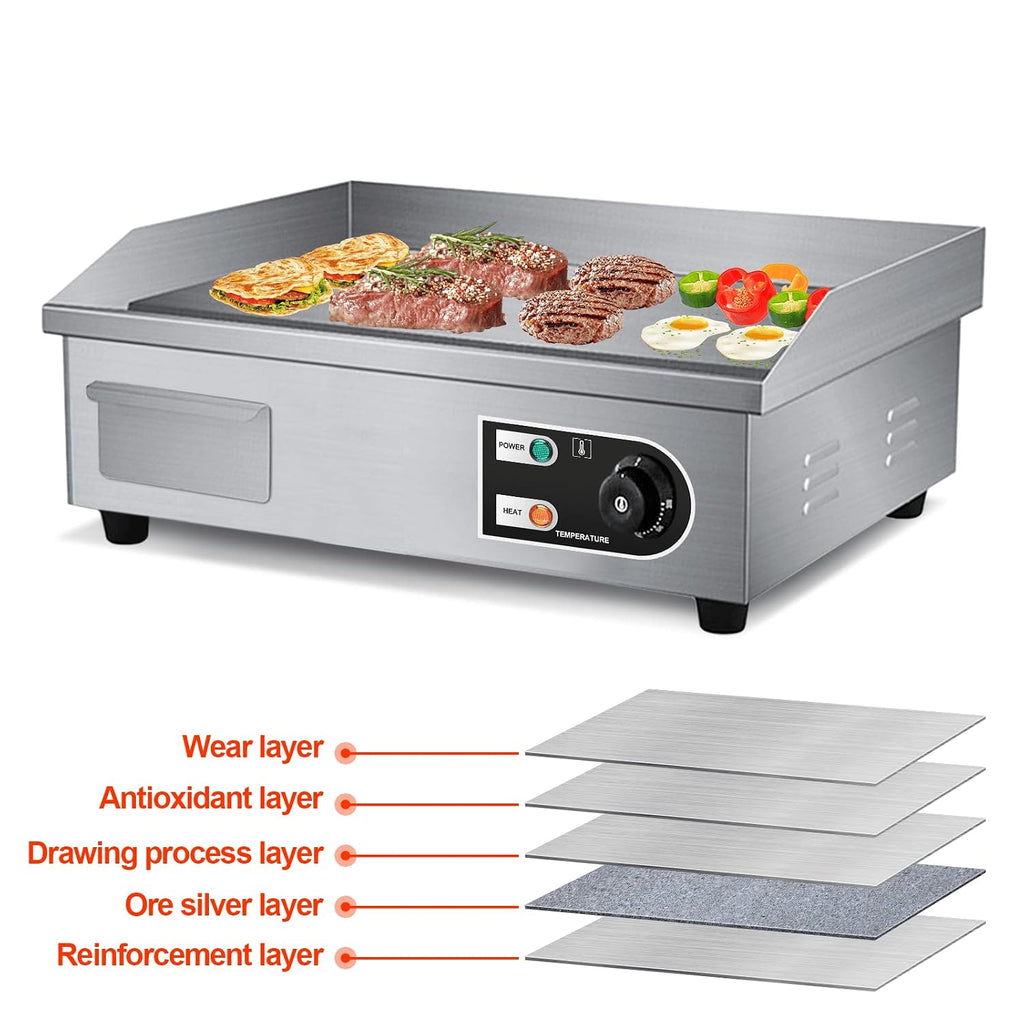 22' Electric Countertop Flat Top Griddle 1600W 110V Non-Stick Commercial Restaurant Teppanyaki Grill Stainless Steel Adjustable Temperature Control 50~300℃