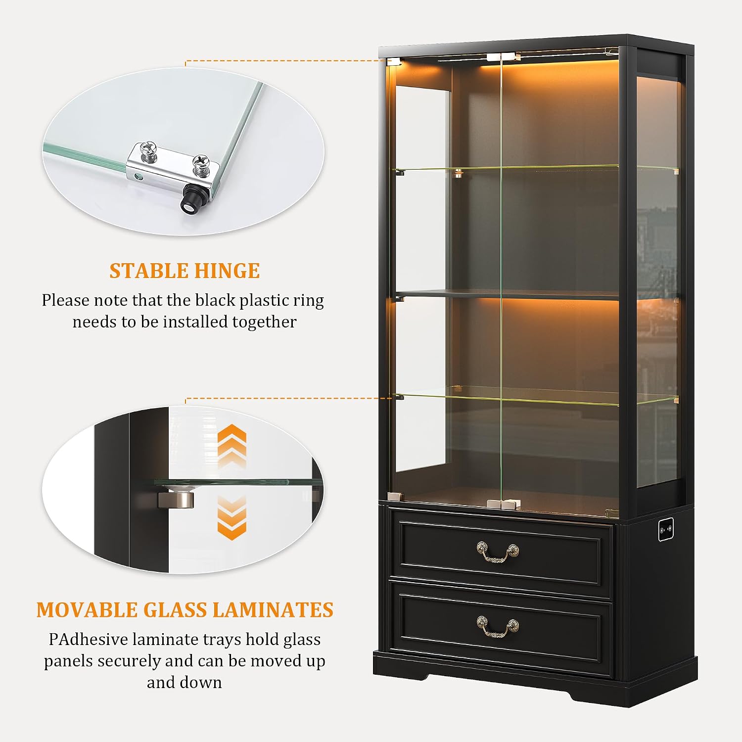 FREDEES Display Cabinet with Glass Doors,67' Adjustable Display Shelf with 2 Drawers and 4 Tier Curio Cabinet,Tall Bookcase with 3 Color Lights and Human Body Sensor for Toys,Books（Black）