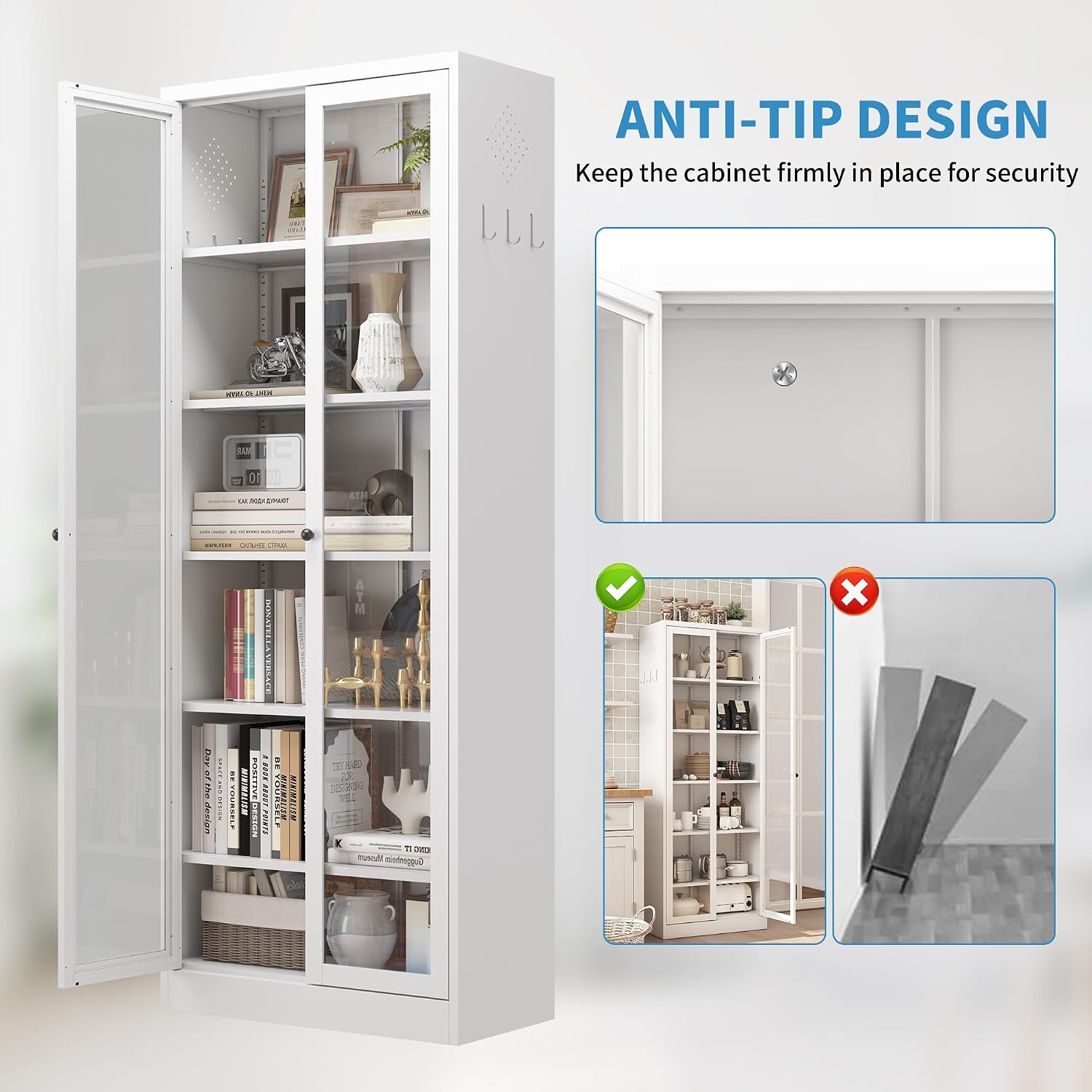 Metal Storage Cabinet with 5 Adjustable Shelves, Display Cabinet with Glass Doors, 72' Tall Kitchen Pantry Cabinet, Steel Cupboard for Home Office Living Room, Assembly Required (White)
